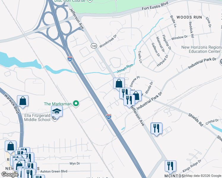 map of restaurants, bars, coffee shops, grocery stores, and more near 13211 Ridgeview Drive in Newport News
