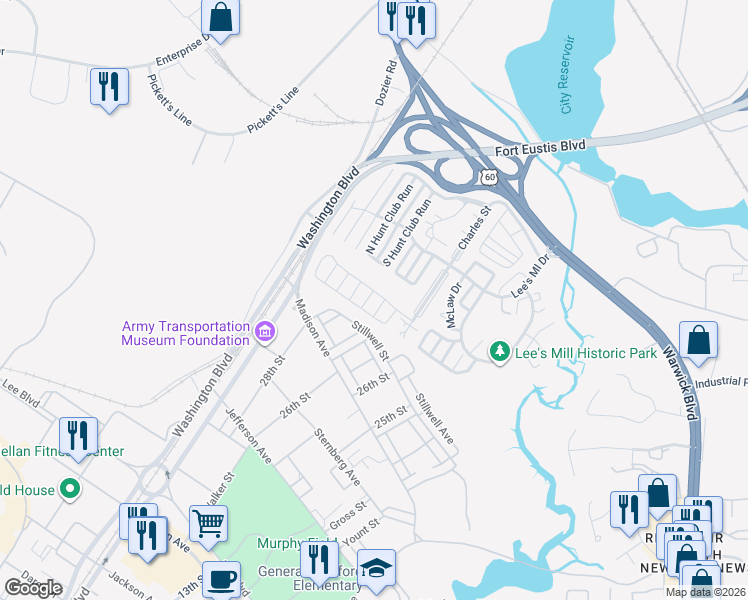 map of restaurants, bars, coffee shops, grocery stores, and more near 104 Gretna Way in Newport News