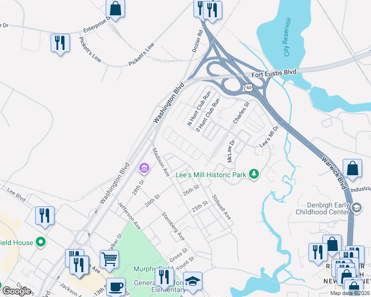 map of restaurants, bars, coffee shops, grocery stores, and more near 294 Bradmere Loop in Newport News