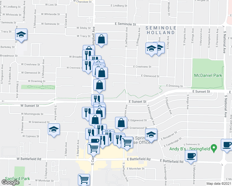 map of restaurants, bars, coffee shops, grocery stores, and more near 2621 South Jefferson Avenue in Springfield