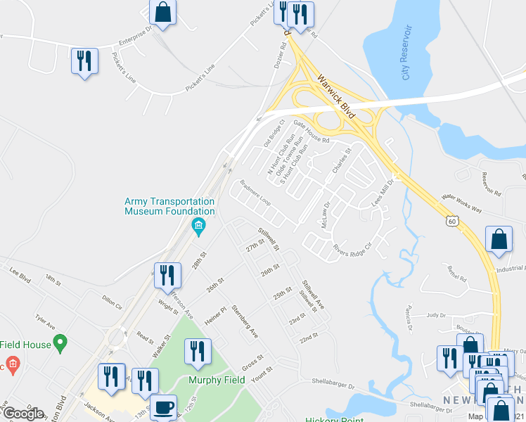 map of restaurants, bars, coffee shops, grocery stores, and more near 103 Leeds Way in Newport News