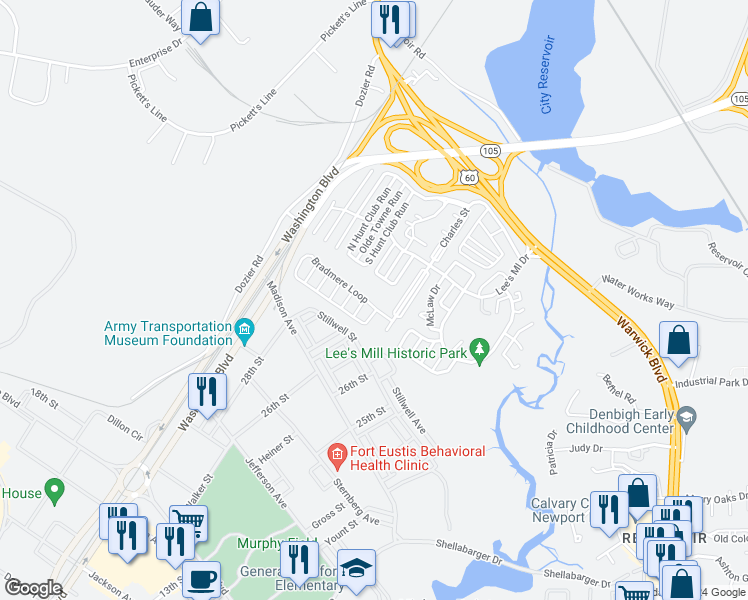 map of restaurants, bars, coffee shops, grocery stores, and more near 206 Bradmere Loop in Newport News