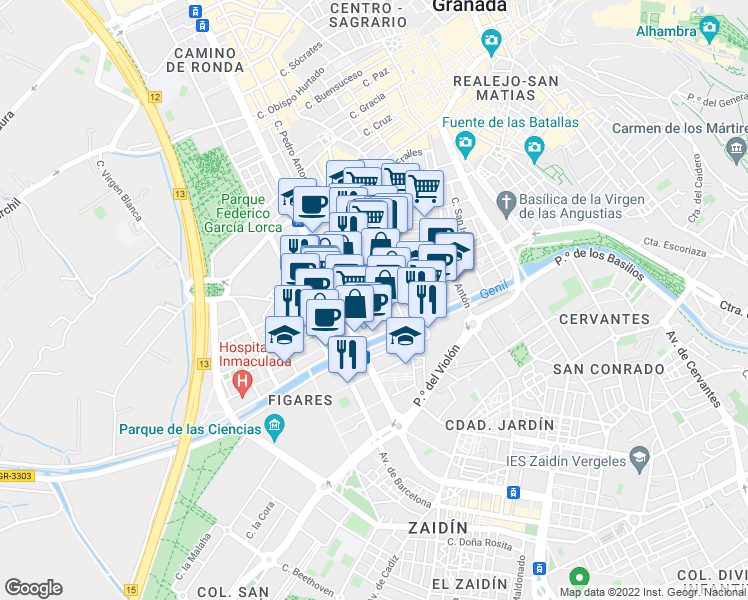 map of restaurants, bars, coffee shops, grocery stores, and more near 7 Calle Agustina de Aragón in Granada