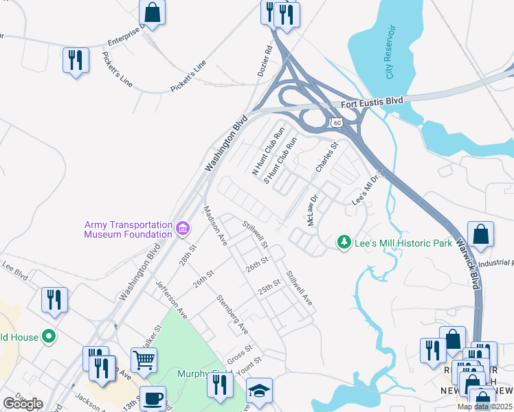 map of restaurants, bars, coffee shops, grocery stores, and more near 104 Gretna Way in Newport News