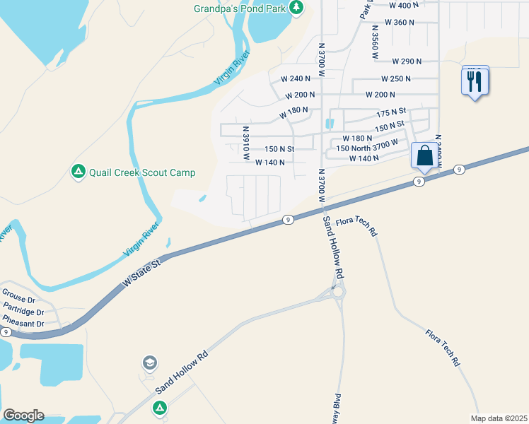 map of restaurants, bars, coffee shops, grocery stores, and more near 39 North 3850 West in Hurricane