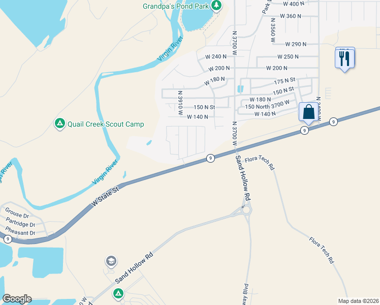 map of restaurants, bars, coffee shops, grocery stores, and more near 36 North 3880 West in Hurricane