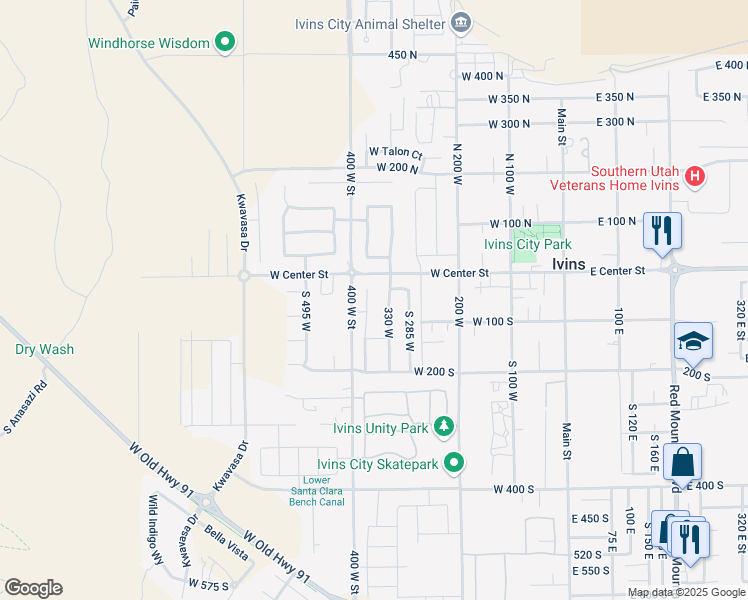 map of restaurants, bars, coffee shops, grocery stores, and more near 43 South 375 West in Ivins
