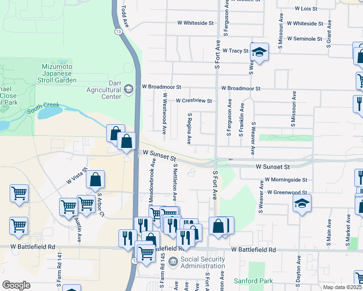 map of restaurants, bars, coffee shops, grocery stores, and more near 1502 West Edgewood Street in Springfield
