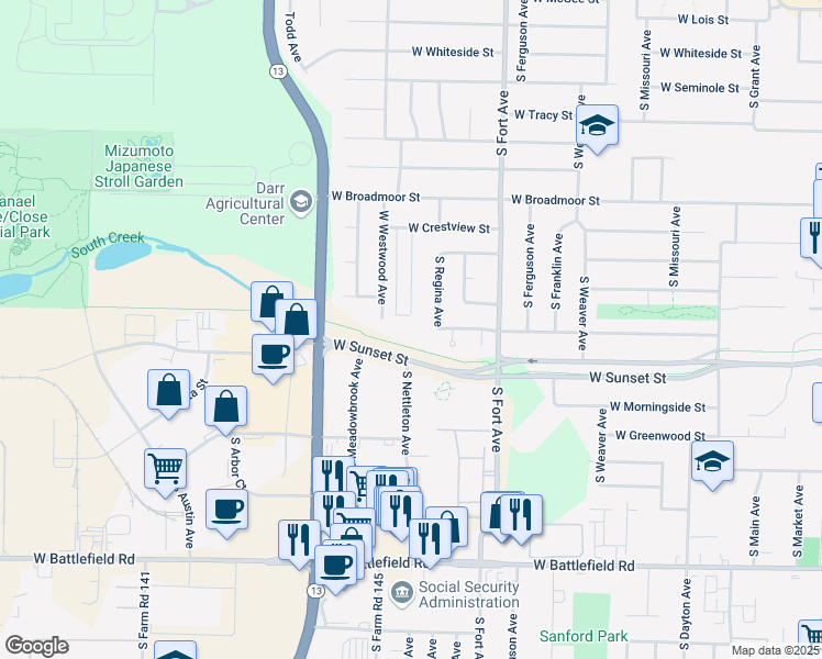 map of restaurants, bars, coffee shops, grocery stores, and more near 1502 West Edgewood Street in Springfield