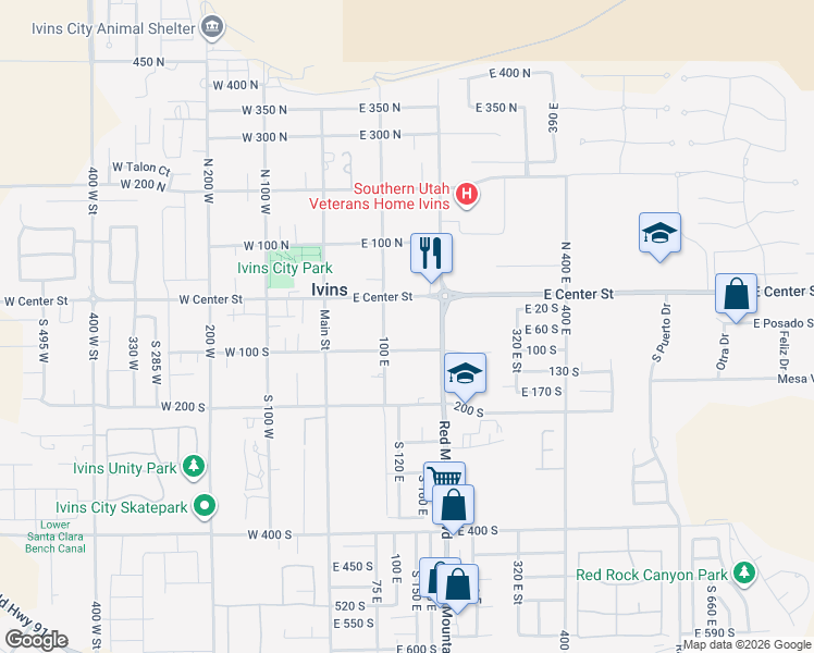map of restaurants, bars, coffee shops, grocery stores, and more near 140 East Center Street in Ivins