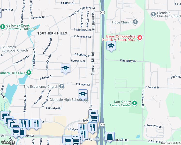 map of restaurants, bars, coffee shops, grocery stores, and more near 2527 South Ingram Mill Road in Springfield