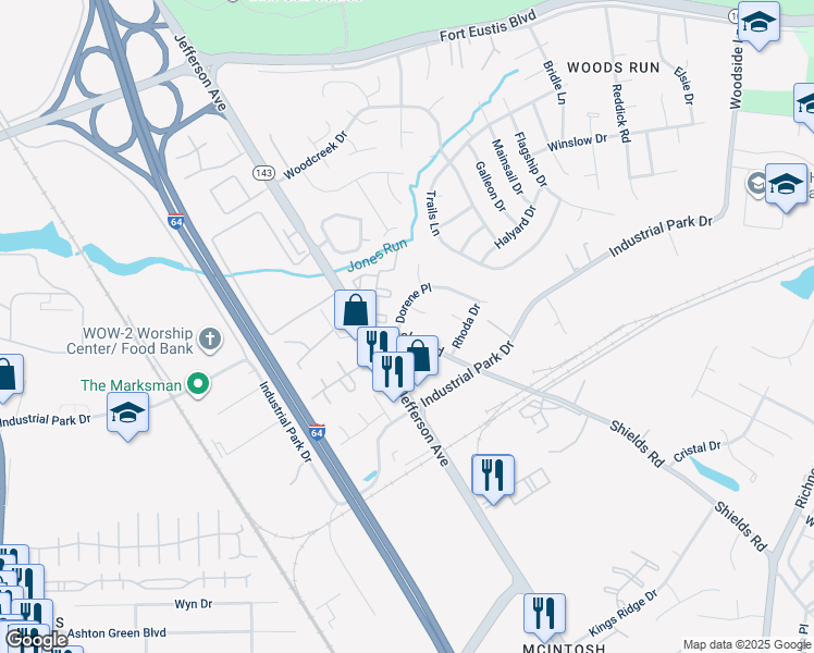 map of restaurants, bars, coffee shops, grocery stores, and more near 617 Shields Road in Newport News