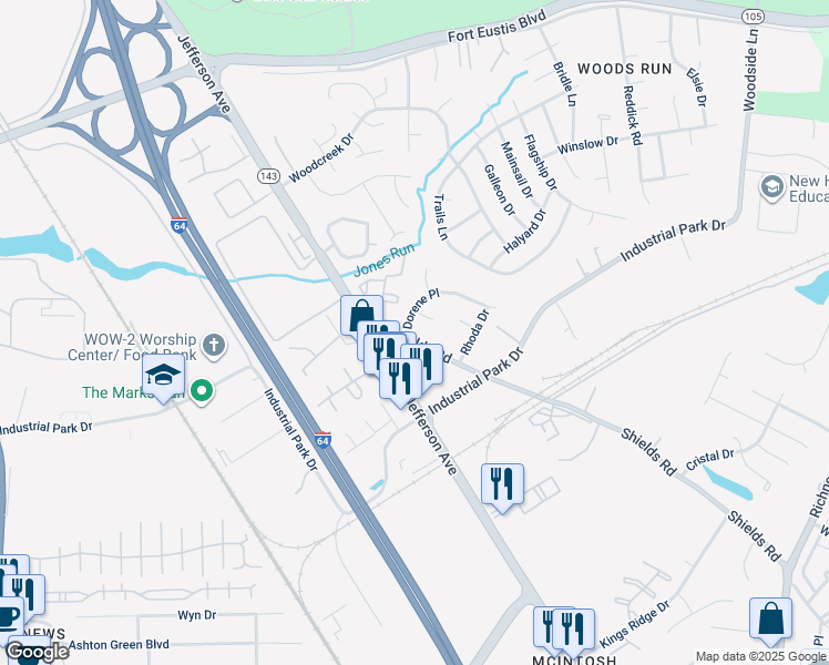 map of restaurants, bars, coffee shops, grocery stores, and more near 617 Shields Road in Newport News