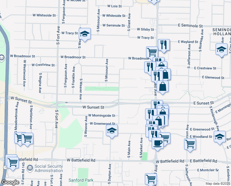 map of restaurants, bars, coffee shops, grocery stores, and more near 732 West Edgewood Street in Springfield