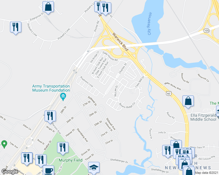 map of restaurants, bars, coffee shops, grocery stores, and more near 300 Charles Street in Newport News