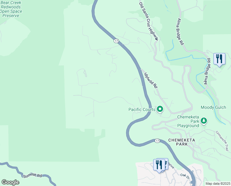 map of restaurants, bars, coffee shops, grocery stores, and more near 21106 Brush Road in Los Gatos