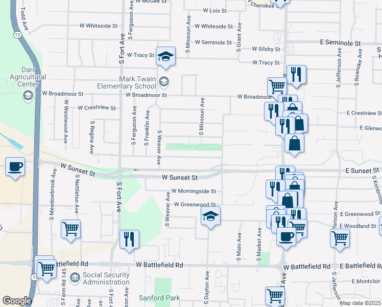 map of restaurants, bars, coffee shops, grocery stores, and more near 836 West Edgewood Street in Springfield