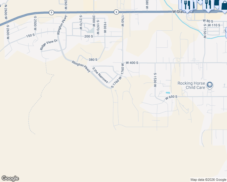 map of restaurants, bars, coffee shops, grocery stores, and more near 574 South 1800 West in Hurricane
