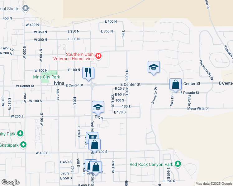 map of restaurants, bars, coffee shops, grocery stores, and more near 339 East 60 South in Ivins