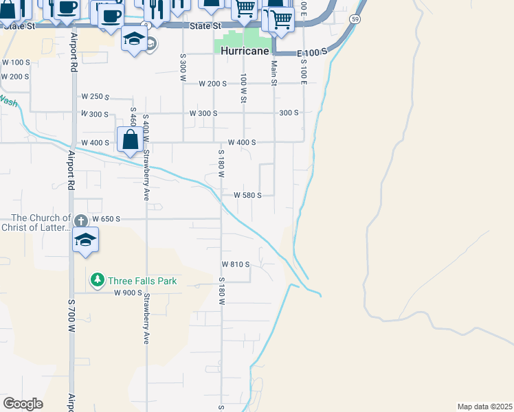 map of restaurants, bars, coffee shops, grocery stores, and more near 629 S 80 W in Hurricane