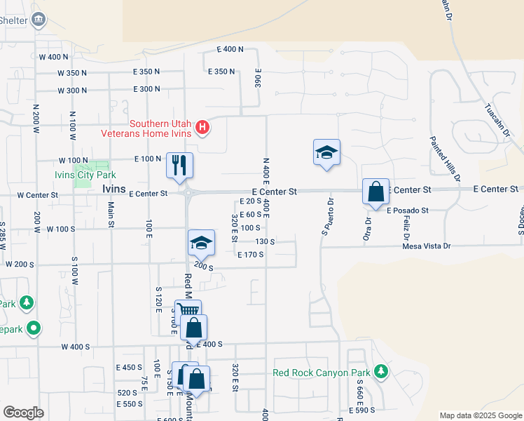 map of restaurants, bars, coffee shops, grocery stores, and more near 387 East 60 South in Ivins