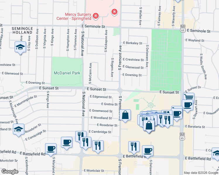 map of restaurants, bars, coffee shops, grocery stores, and more near 1340 East Sunset Street in Springfield