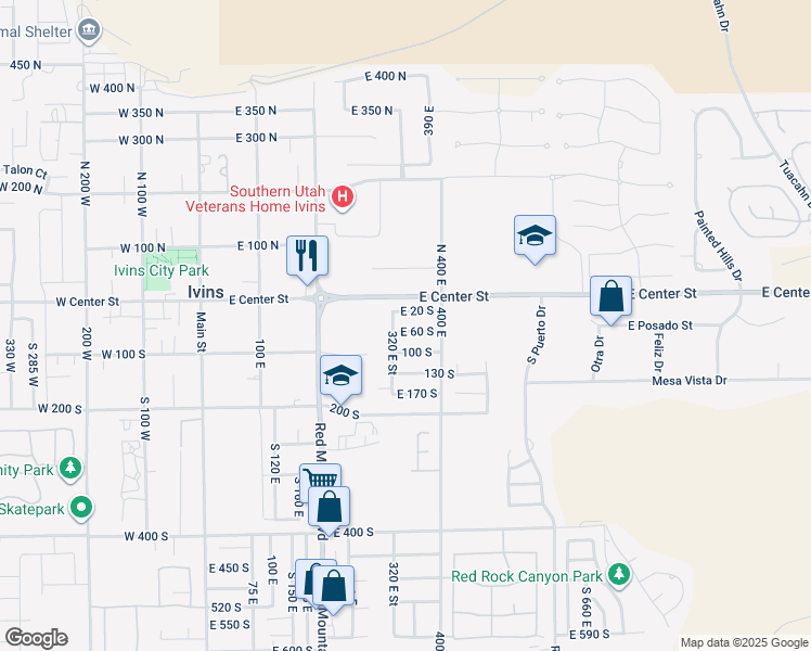 map of restaurants, bars, coffee shops, grocery stores, and more near 339 East 60 South in Ivins