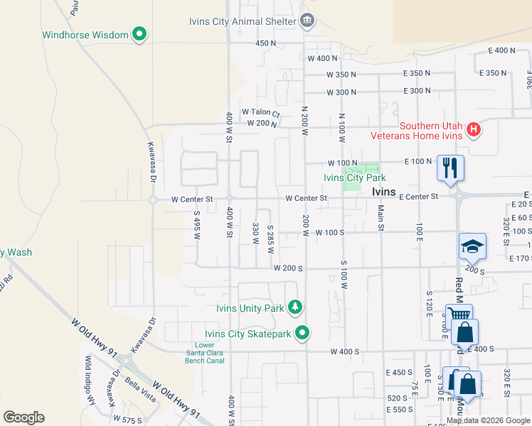 map of restaurants, bars, coffee shops, grocery stores, and more near 46 South 285 West in Ivins