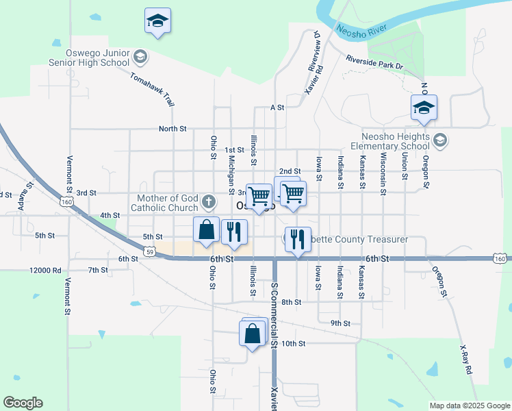 map of restaurants, bars, coffee shops, grocery stores, and more near in Oswego