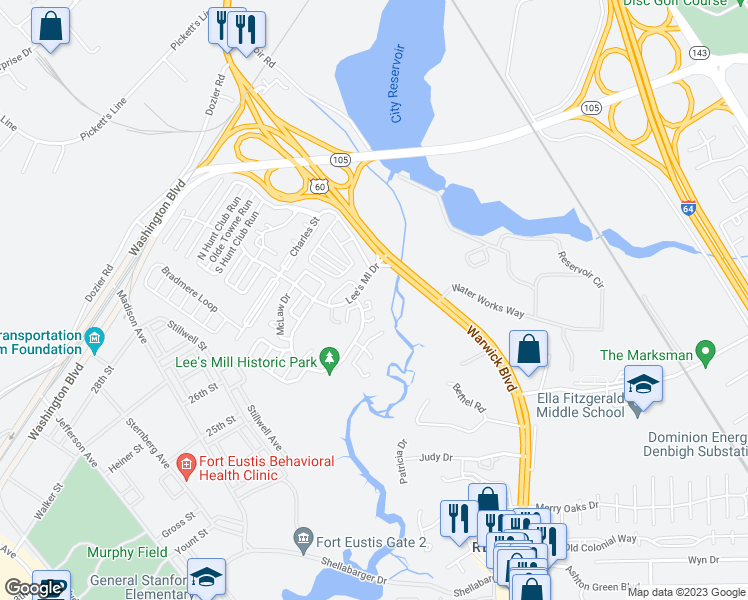 map of restaurants, bars, coffee shops, grocery stores, and more near 458 Rivers Ridge Circle in Newport News