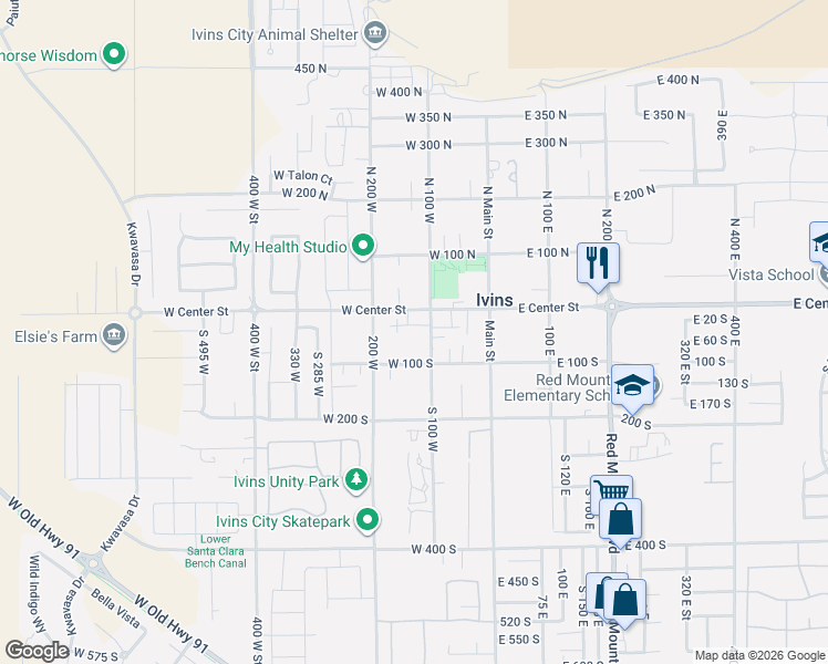 map of restaurants, bars, coffee shops, grocery stores, and more near 140 West Center Street in Ivins