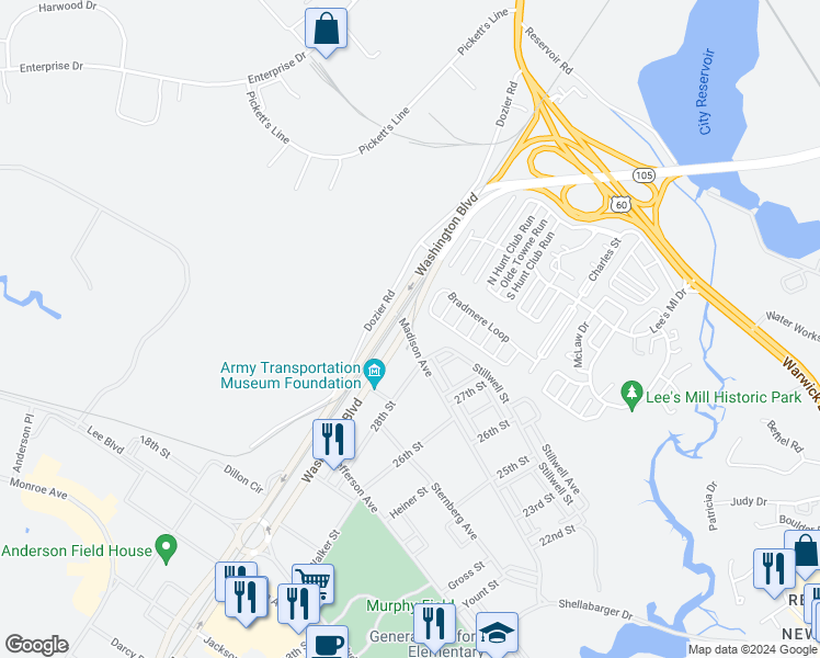 map of restaurants, bars, coffee shops, grocery stores, and more near 280 Bradmere Loop in Newport News