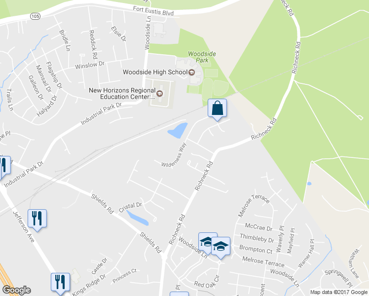 map of restaurants, bars, coffee shops, grocery stores, and more near 804 Wilderness Way in Newport News