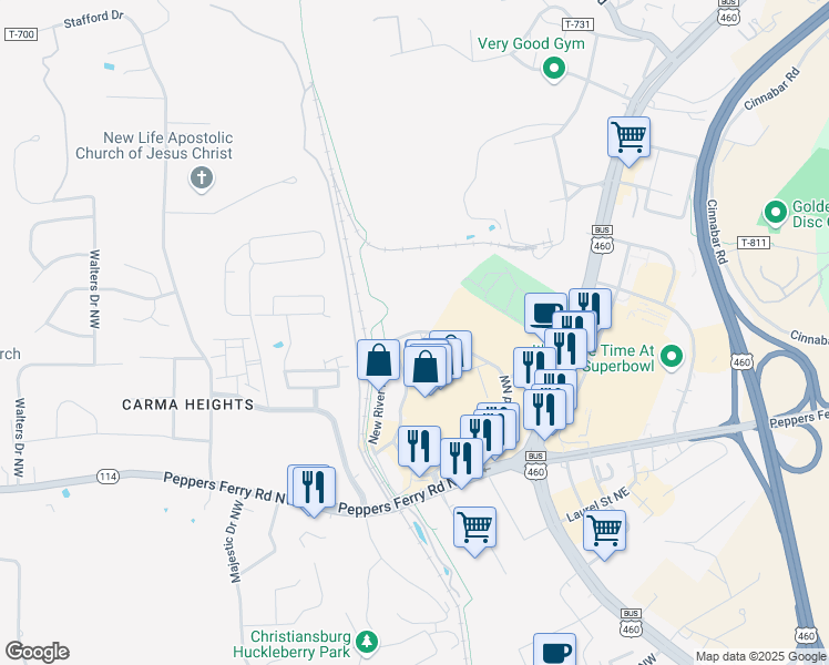 map of restaurants, bars, coffee shops, grocery stores, and more near 415 New River Road in Christiansburg