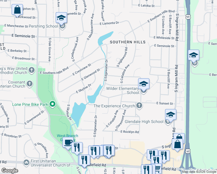 map of restaurants, bars, coffee shops, grocery stores, and more near 3003 East Alpine Drive in Springfield