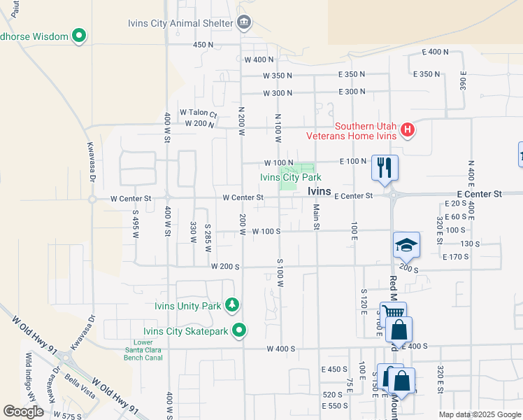 map of restaurants, bars, coffee shops, grocery stores, and more near 140 West Center Street in Ivins