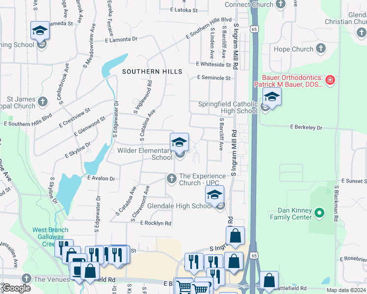 map of restaurants, bars, coffee shops, grocery stores, and more near 2513 South Hillside Drive in Springfield