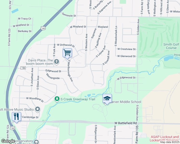 map of restaurants, bars, coffee shops, grocery stores, and more near 2635 South Laurel Avenue in Springfield