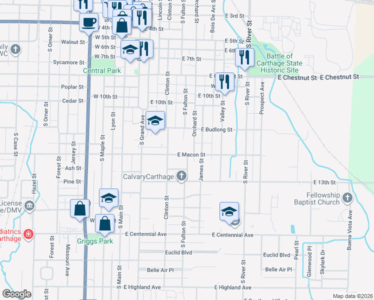 map of restaurants, bars, coffee shops, grocery stores, and more near 1219 James Street in Carthage
