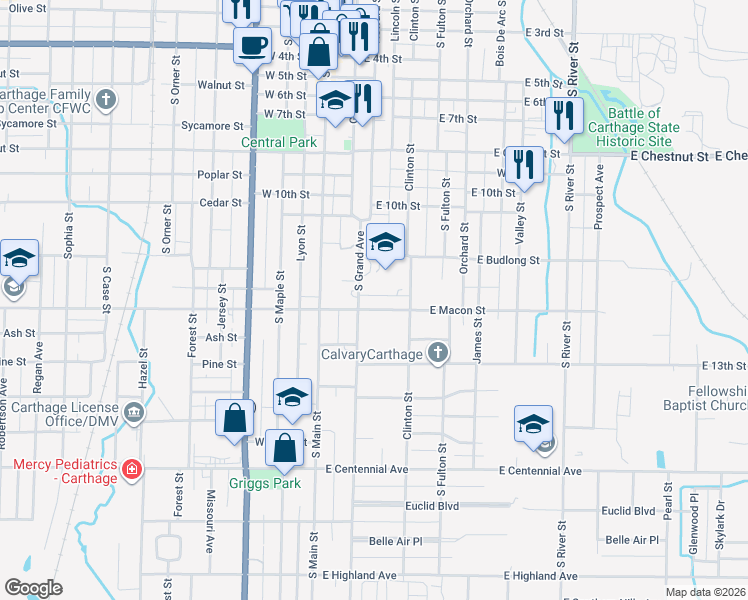 map of restaurants, bars, coffee shops, grocery stores, and more near 1212 Grand Ave in Carthage