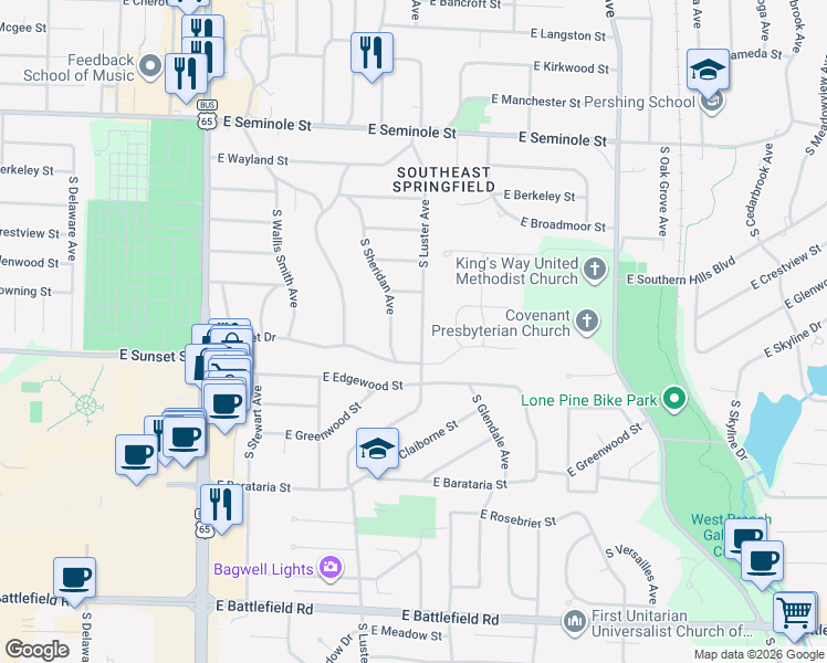 map of restaurants, bars, coffee shops, grocery stores, and more near 2516 South Sheridan Avenue in Springfield
