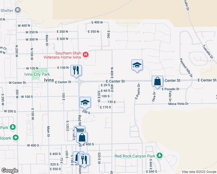 map of restaurants, bars, coffee shops, grocery stores, and more near 376 East 20 South in Ivins