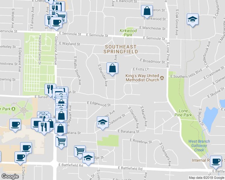 map of restaurants, bars, coffee shops, grocery stores, and more near 2541 South Luster Avenue in Springfield