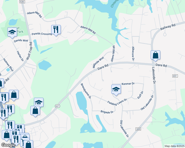 map of restaurants, bars, coffee shops, grocery stores, and more near 431 Dare Road in Yorktown