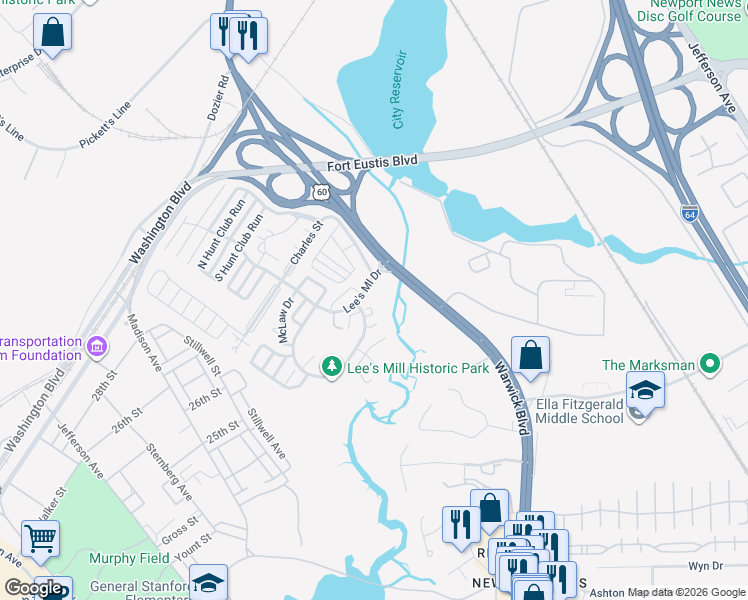 map of restaurants, bars, coffee shops, grocery stores, and more near 496 Lees Mill Drive in Newport News