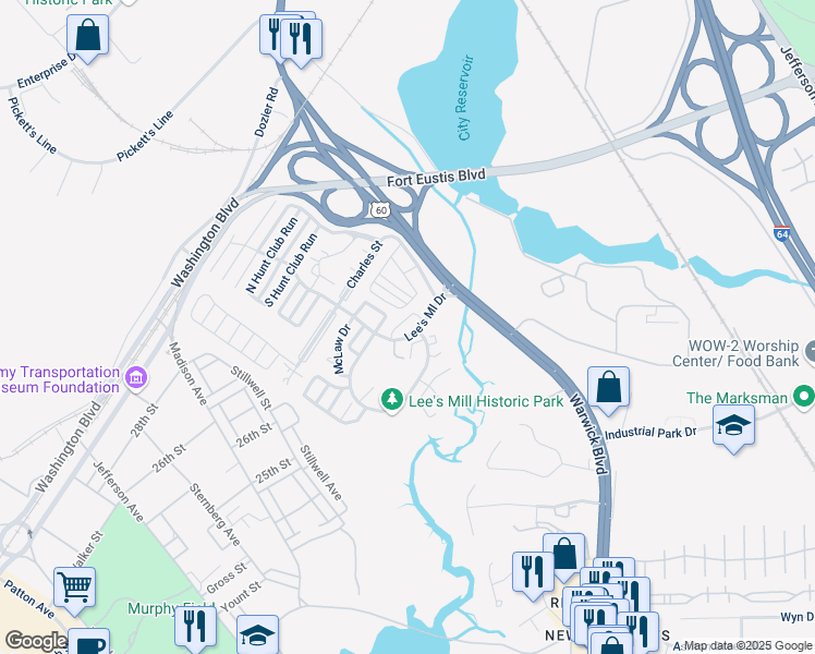 map of restaurants, bars, coffee shops, grocery stores, and more near 473 Lees Mill Drive in Newport News