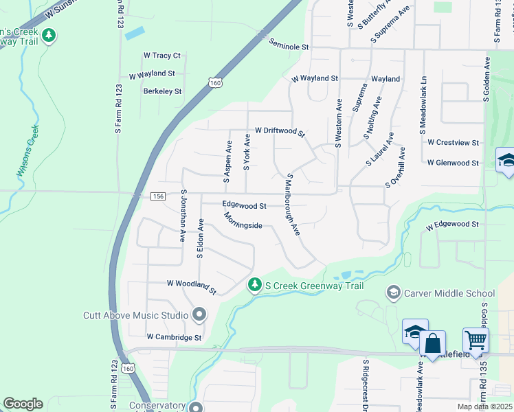 map of restaurants, bars, coffee shops, grocery stores, and more near 3745 West Farm Road 156 in Springfield
