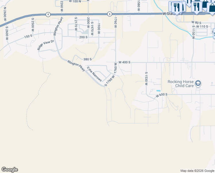 map of restaurants, bars, coffee shops, grocery stores, and more near 570 South 1800 West in Hurricane