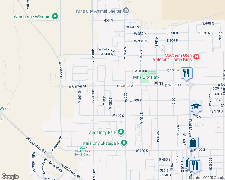 map of restaurants, bars, coffee shops, grocery stores, and more near 31 South 285 West in Ivins