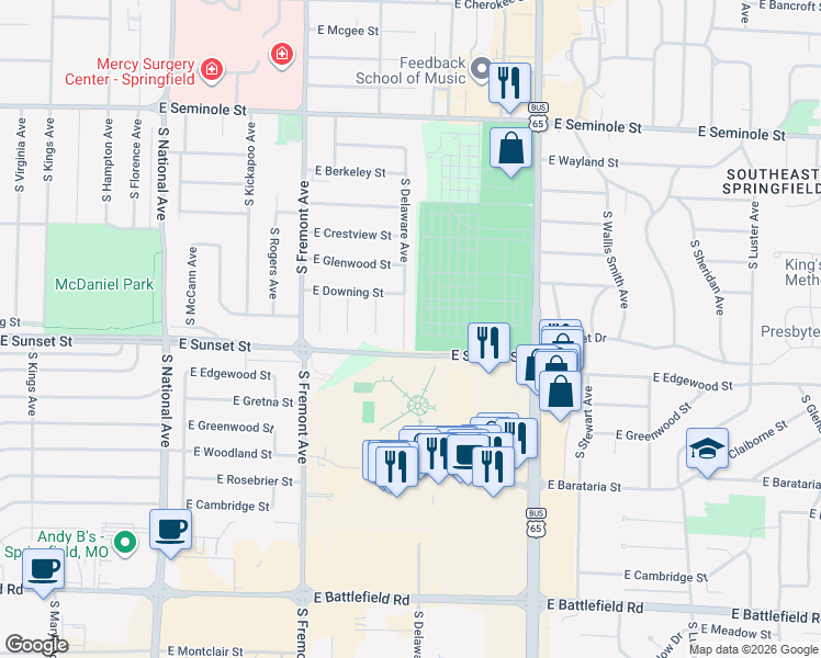 map of restaurants, bars, coffee shops, grocery stores, and more near 2542 South Delaware Avenue in Springfield